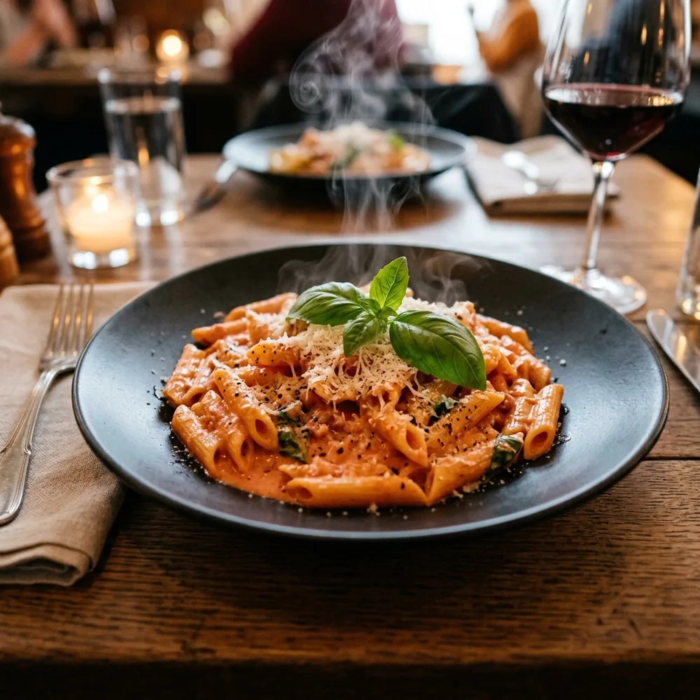 Authentic Penne alla Vodka in creamy tomato cream sauce, served with parmesan