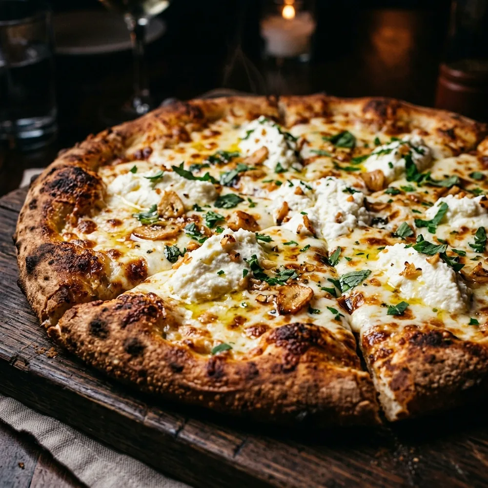 Gourmet White Pizza with ricotta, mozzarella and roasted garlic