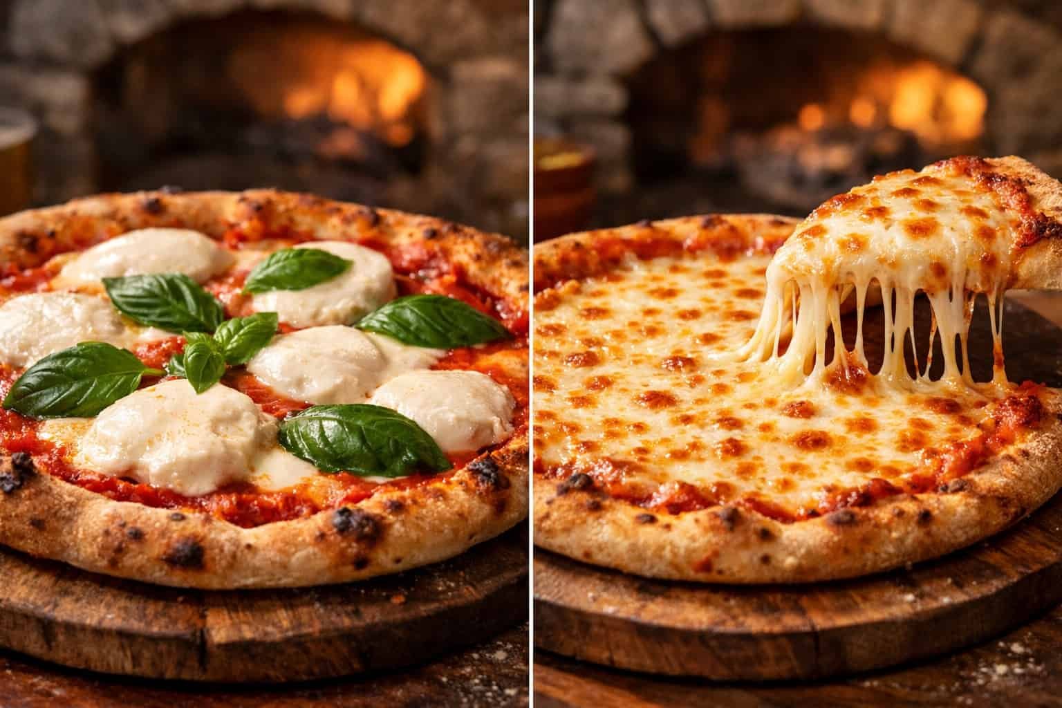 A high-quality food photography style image showing a side-by-side comparison of fresh mozzarella vs low-moisture mozzarella on pizza. On the left side, a pizza topped with fresh mozzarella: large white mozzarella slices, soft and creamy texture, slight moisture pooling, glossy melted appearance, fresh basil leaves, rustic artisan pizza look. On the right side, a pizza topped with low-moisture mozzarella: evenly shredded cheese, golden melt, stretchy cheese pull, classic pizzeria-style appearance, clean and uniform coverage. Shot from a 45-degree angle, warm natural lighting, shallow depth of field, realistic textures, authentic Italian pizzeria setting, wooden pizza board, stone oven background softly blurred.